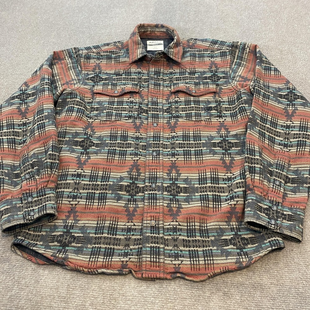 Ariat Shirt Mens Small Brown Aztec Retro‎ Fit Snap Front Western Pattern Shacket